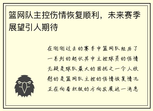 篮网队主控伤情恢复顺利，未来赛季展望引人期待